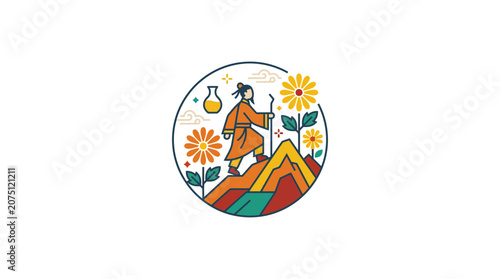 Colorful Abstract Hiking Figure with Flowers and Mountain Landscape Illustration