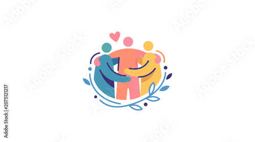 Colorful abstract illustration of people embracing with hearts and leaves