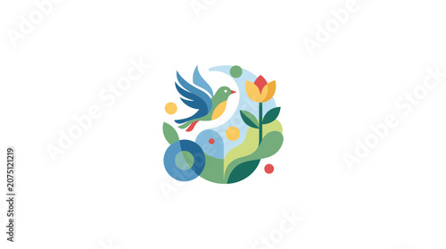 Colorful Abstract Hummingbird with Flower Nature Illustration