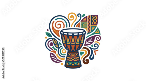 Colorful African Djembe Drum with Tribal Pattern Illustration