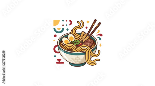Colorful Asian Noodle Soup Bowl with Egg and Chopsticks Illustration