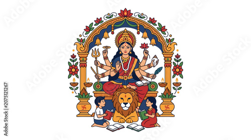 Colorful Artistic Illustration of Hindu Goddess with Worshippers and Lion