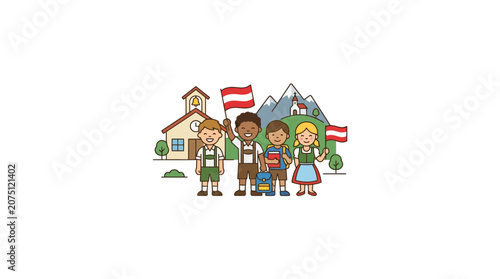 Children in Traditional Austrian Costume with Scenic Mountain Village Background
