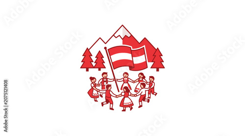 Children in Traditional Costume Dancing Around Flag with Alpine Background