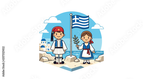 Children in Traditional Greek Costumes with National Flag by the Sea