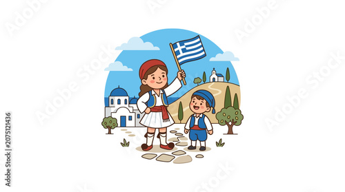 Children in Traditional Greek Costumes Celebrating with National Flag