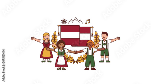 Children in Traditional Latvian Folk Costumes with National Flag and Symbols