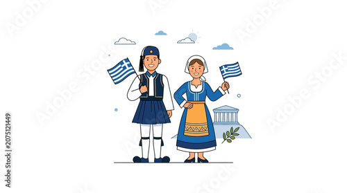 Children in Traditional Greek Folk Costumes Holding Flags