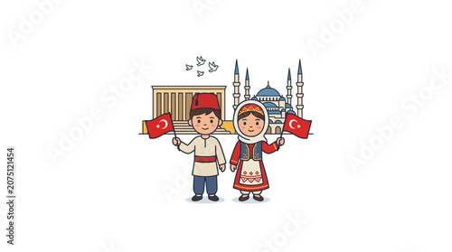Children in Traditional Turkish Clothes Holding Flags with Iconic Istanbul Landmarks