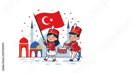 Children in Traditional Turkish Dress Celebrating with Flag and Drums