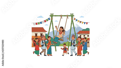 Children Playing on Swing Set at Outdoor Festival in Village