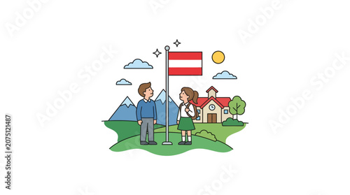 Children Raising Flag Outdoors Near House and Mountains Illustration