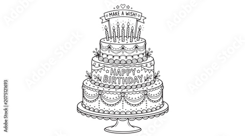 Bild auf Leinwand Hand drawn birthday cake vector illustration, tiered party cake with candles and