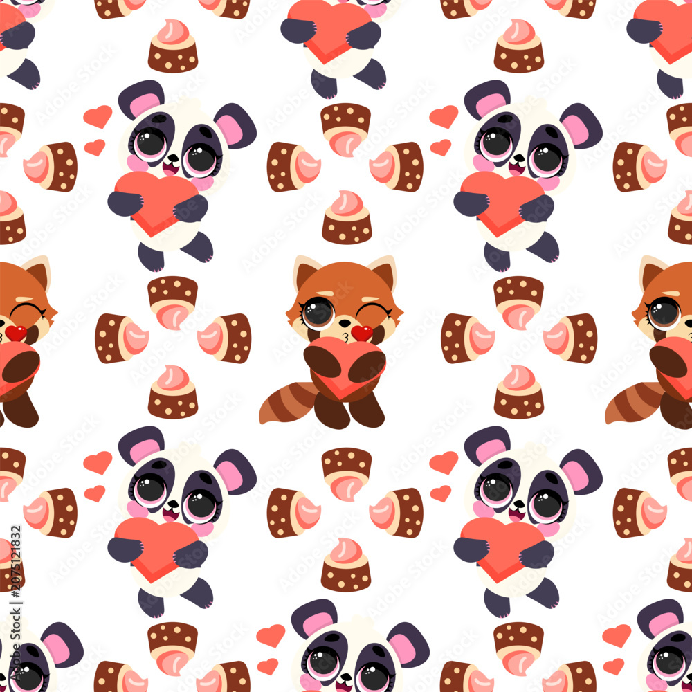 Fototapeta premium Panda seamless pattern with hearts