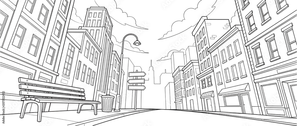 Obraz premium Black and White City Street Line Art Vector Illustration with Urban Buildings and Bench