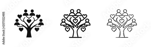 Obraz na płótnie Family tree with hearts and people icon set in solid, outline and sketch styles