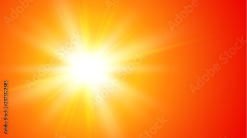 Hot sun with burning rays on orange background. Climate change and extreme ho...