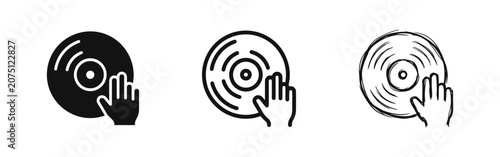 Photos DJ hand on vinyl record icon set: solid black, outline, sketch styles
