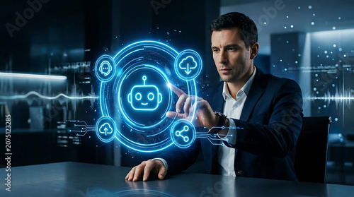 Man interacting with glowing robotic face and connected circular icons photo