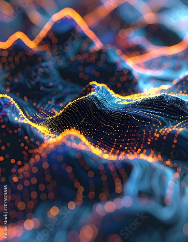 A vibrant abstract digital landscape with glowing lines and dots (1)