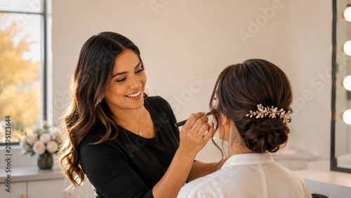 Professional makeup artist applying eye makeup to beautiful bride in beauty salon before wedding ceremony with elegant hairstyle and natural cosmetics, 
