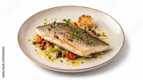 Luxury branzino fish fillet premium isometric 3D food render, isolated Mediterranean seafood dish on clean white background