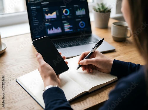 Business professional using laptop in modern office.