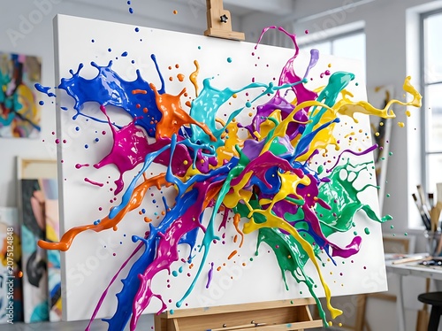 Colorful Abstract Paint Splatter Art on Canvas.