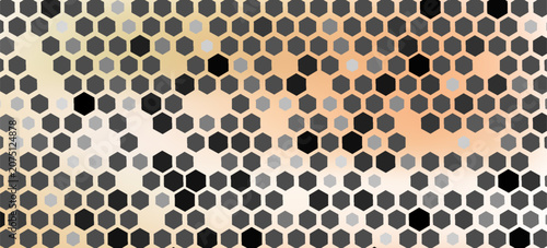 Abstract geometric dark grey hexagon pattern with warm orange glow background