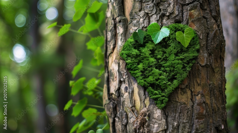 Fototapeta premium Heart-Shaped Green Moss on Tree Trunk Surrounded by Lush Foliage in a Tranquil Forest Setting