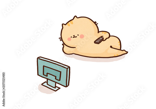 Slika na platnu Cat lying down holding a remote control and watching TV, relaxing holiday or laz