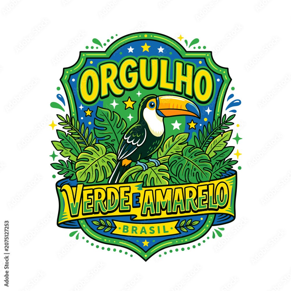 Fototapeta premium Toucan with foliage and Brazilian pride slogan