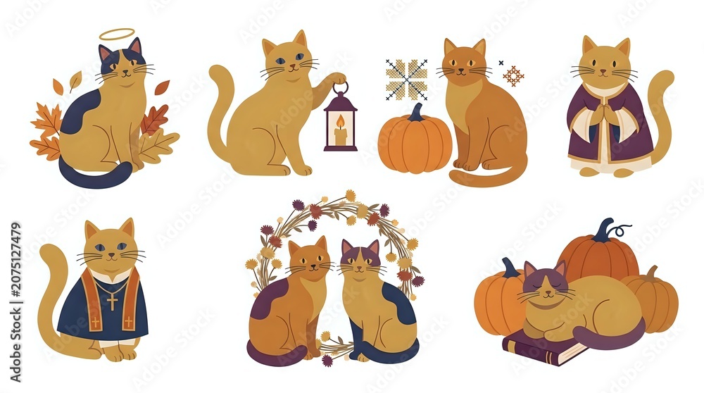 Obraz premium Cute cats in autumn and fall themed costumes and outfits, isolated on white background, ready for design use on merchandise and apparel.