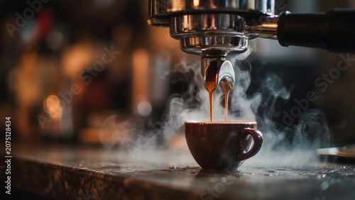 Fresh hot coffee pouring into a cup in a dark cafe