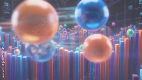 Abstract colorful spheres floating above a field of vertical bars