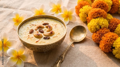 Onam Pookalam with payasam, Kerala sweets dessert ari payasam with flowers