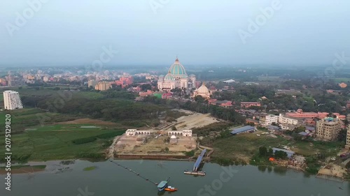 A drone shot of the Vedic Planetarium from the Ganges River