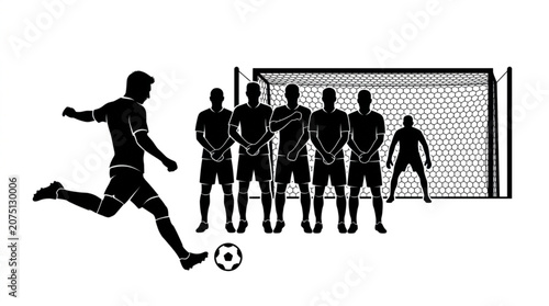 Soccer Player Kicking Free Kick against Defensive Wall and Goalkeeper Silhouette