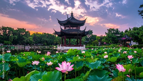 Classical Chinese Pavilion by Lotus Pond at Sunset