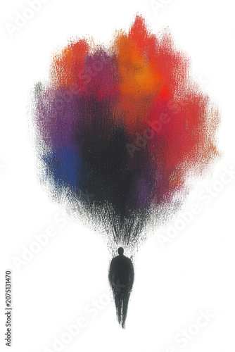 Silhouette of person with colorful abstract cloud of red, orange, purple, and blue hues emerging above, expressing creativity and thought, transparent isolated background