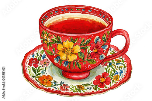 Red floral teacup with matching saucer filled with tea, featuring vibrant hand painted flowers