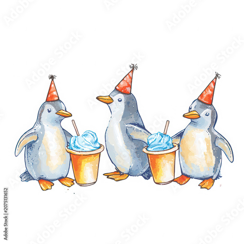 Three penguin wearing party hat with ice cream cup, festive and cute illustration