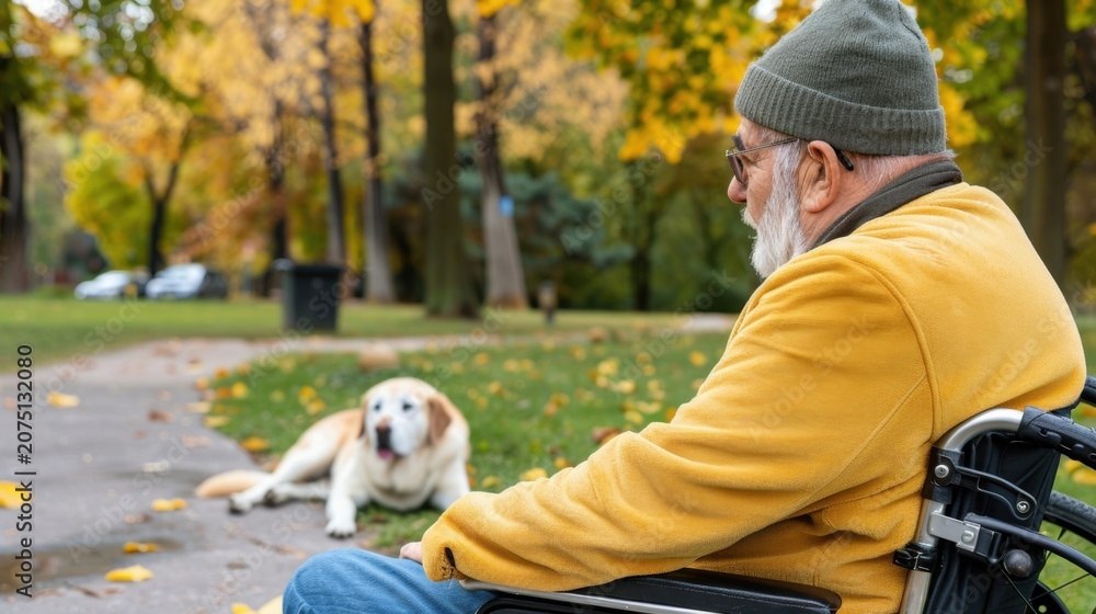 Fototapeta premium Senior Man in Wheelchair Enjoys Autumn Day in Park with Yellow Lab Dog Relaxing Nearby