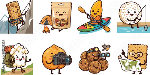 Cute Cartoon Snack Characters on Outdoor Adventures with Granola Bar, Trail Mix, and Cookies Illustration