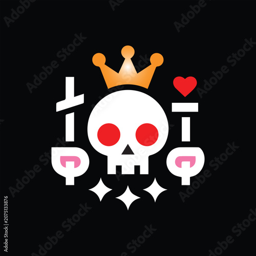 Cute Skull King Cartoon Illustration, Crowned Skull Character with Heart Symbols, Fantasy Skull King Mascot Design, Cartoon Skull Icon with Royal Crown, Cute Skeleton King Character Illustration