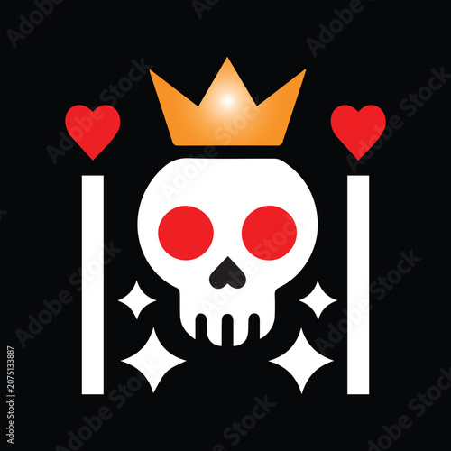 Cute Skull King Cartoon Illustration, Crowned Skull Character with Heart Symbols, Fantasy Skull King Mascot Design, Cartoon Skull Icon with Royal Crown, Cute Skeleton King Character Illustration