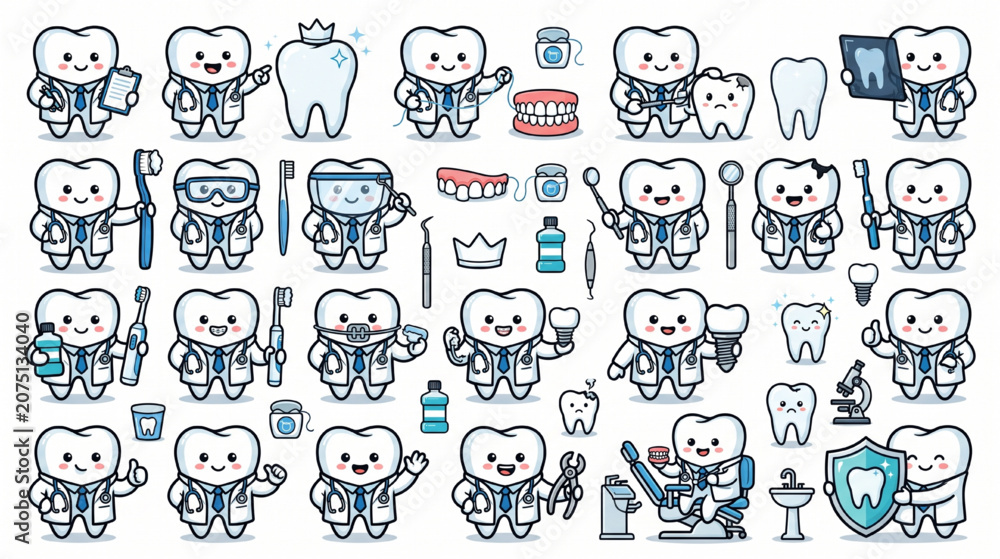 Fototapeta premium Dental Care Cartoon Character Bundle for Pediatric Dentistry, Oral Health and Healthcare Design