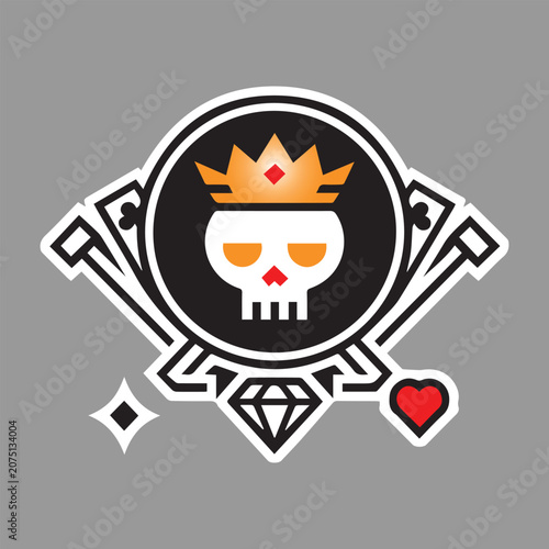 Cute Skull King Cartoon Illustration, Crowned Skull Character with Heart Symbols, Fantasy Skull King Mascot Design, Cartoon Skull Icon with Royal Crown, Cute Skeleton King Character Illustration