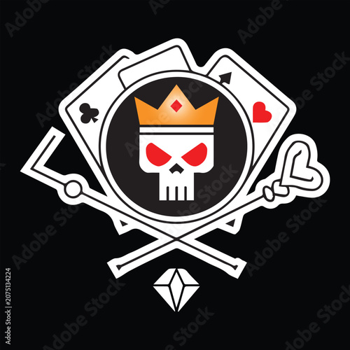 Cute Skull King Cartoon Illustration, Crowned Skull Character with Heart Symbols, Fantasy Skull King Mascot Design, Cartoon Skull Icon with Royal Crown, Cute Skeleton King Character Illustration
