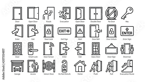Fotografie Collection of line icons related to doors and door signs for graphic design and